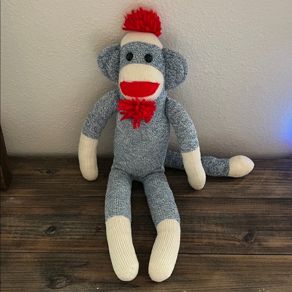 Blue and White Sock Monkey Stuffed Animal with Red Accents